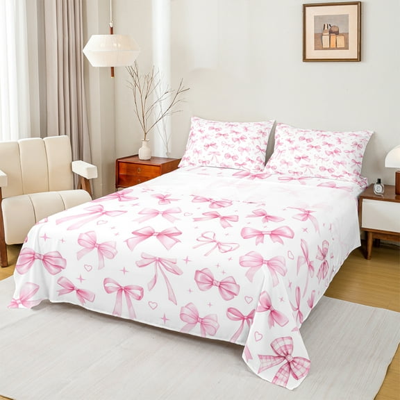 Manfei Teens Children Cartoon Ribbon Bowtie 3pcs Twin Sheet Sets,Love Heart Stars Print Twin Fitted Sheet,Kawaii Cute Breathable Flat Sheet,Ultra Soft Home Decor