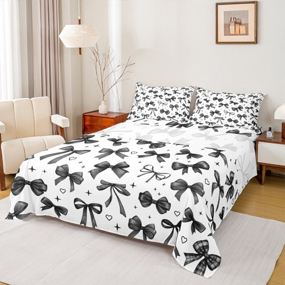 Manfei Teens Children Cartoon Ribbon Bowtie 4pcs Bed Sheets,Black White King Sheets,Love Heart Print Super Cozy Sheet Set,Ultra Soft Home Decor