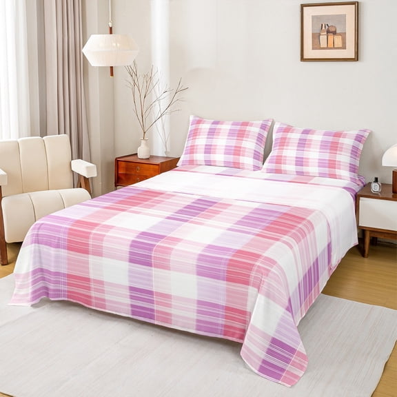 Manfei Teens Children Retro Grid 3pcs Twin Sheet Sets,Abstract Vintage Plaid Twin Fitted Sheet,Geometric Theme Breathable Flat Sheet,Super Cozy Room Decor