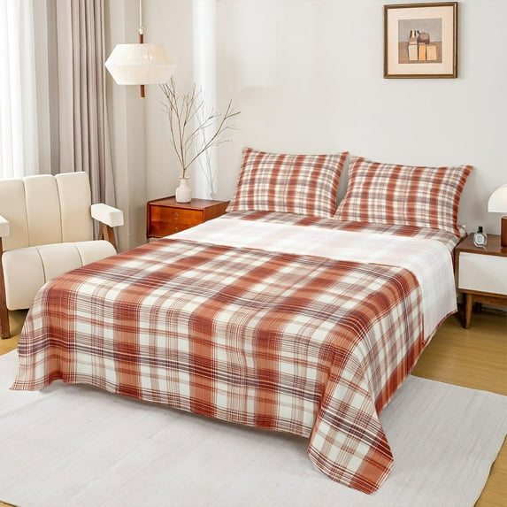 Manfei Teens Children Retro Grid 3pcs Twin Sheet Sets,Abstract Vintage Plaid Twin Fitted Sheet,Geometric Theme Breathable Flat Sheet,Super Cozy Room Decor