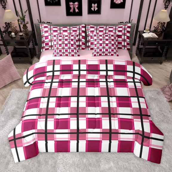 Manfei Teens Children Retro Grid 7-Piece Bedding Comforter Set,Abstract Vintage Plaid King Bedding Sets,Geometric Theme Ultra Soft Bed Sheets,Super Cozy Room Decor,Reversible
