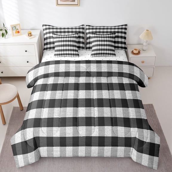Manfei Teens Children Retro Grid 7pcs Bedding Comforter Set,Abstract Vintage Plaid Queen Bedding Sets Super Cozy,Geometric Theme Queen Sheet Sets,Super Cozy Room Decor,Reversible