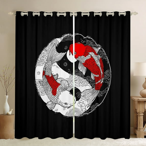Manfei Teens Chinese Tai Ji Blackout Curtains Set of 2 (52x84 Each), Japanese Fish Window Curtains, Black White Stripes Curtains and Drapes, Window Curtains Bedroom Decor