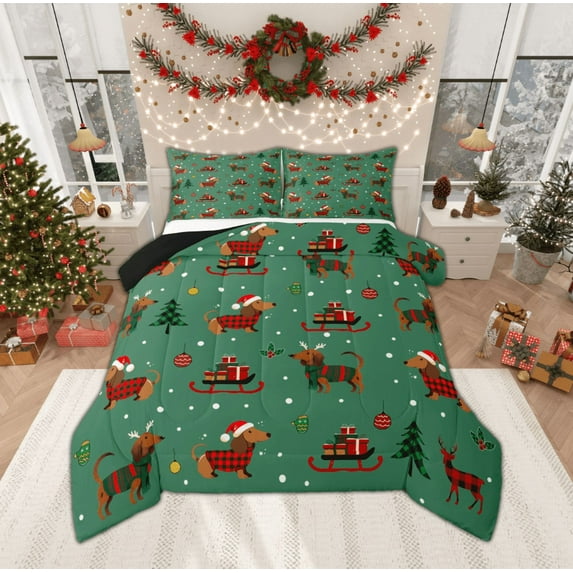 Manfei Teens Christmas Dachshund Full Size Comforter Sets, Green Red Cartoon Bedding Comforter Set, Santa Claus Gifts Reversible Bedding Sets, Breathable Home Decor, 3 Pieces