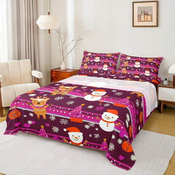 Manfei Teens Christmas Snowman Bed Sheets, Snowflake Xmas Tree King Sheets, Cartoon Rustic Deer Sheet Set, Luxury Bedroom Decor, 4 Pieces
