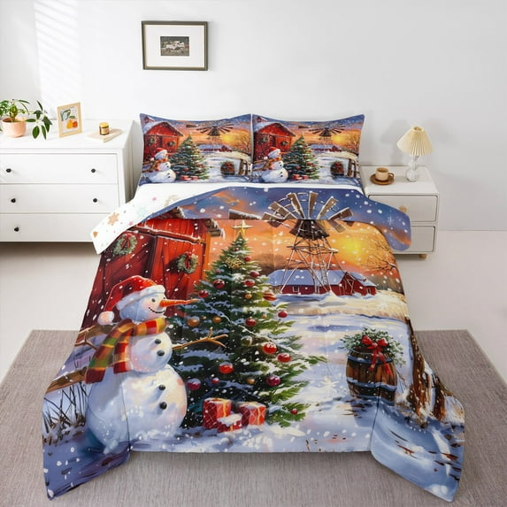 Manfei Teens Christmas Snowman Bedding Comforter Set, Festival Xmas Tree Twin Comforter Sets, Lodge Cabin Reversible Bedding Set, Ultra Soft Home Decor, 2pcs