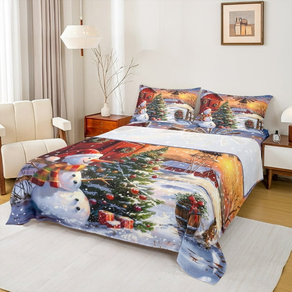Manfei Teens Christmas Snowman Full Size Sheets, Festival Xmas Tree Bed Sheets, Lodge Cabin Sheet Sets, Ultra Soft Home Decor, 4pcs