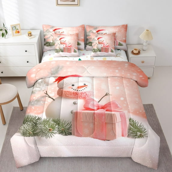 Manfei Teens Christmas Snowman Twin Bedding Sets 7-Piece, Orange Gifts Print Bedding Comforter Set, Western Winter Festival Reversible Sheet Sets, Lightweight Room Decor