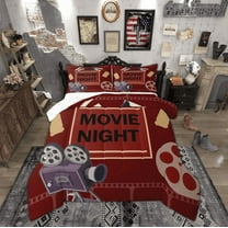 Manfei Teens Cinema Trictet Bedding Comforter Set, Filmstrip Movie Night Twin Comforter Sets, Retro Theater Theme Reversible Bedding Set, Luxury Bedroom Decor, 2 Pieces