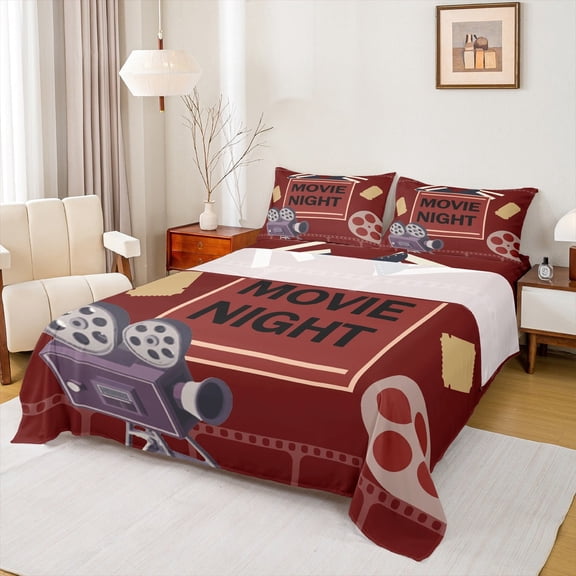 Manfei Teens Cinema Trictet Full Size Sheets, Filmstrip Movie Night Bed Sheets, Retro Theater Theme Sheet Sets, Luxury Bedroom Decor, 4 Pieces