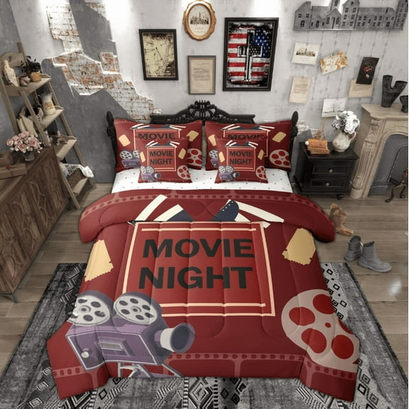 Manfei Teens Cinema Trictet Twin Bedding Sets 7-Piece, Filmstrip Movie Night Bedding Comforter Set, Retro Theater Theme Reversible Sheet Sets, Luxury Bedroom Decor