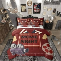 Manfei Teens Cinema Trictet Twin Bedding Sets 7-Piece, Filmstrip Movie Night Bedding Comforter Set, Retro Theater Theme Reversible Sheet Sets, Luxury Bedroom Decor