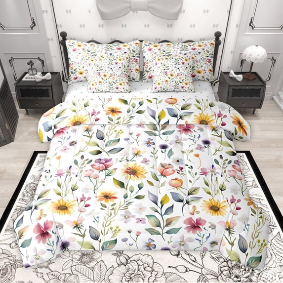 Manfei Teens Colorful Flowers Girl 7-Piece Bedding Comforter Set,Botanical Plants King Bedding Sets,Spring Graden Ultra Soft Bed Sheets,Microfiber Bedroom Decor