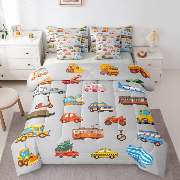 Manfei Teens Colorful Truck Twin Bedding Sets 7-Piece,Car Theme Bedding Comforter Set Microfiber,Transportation Theme Breathable Sheet Sets,Super Cozy Room Decor,Reversible