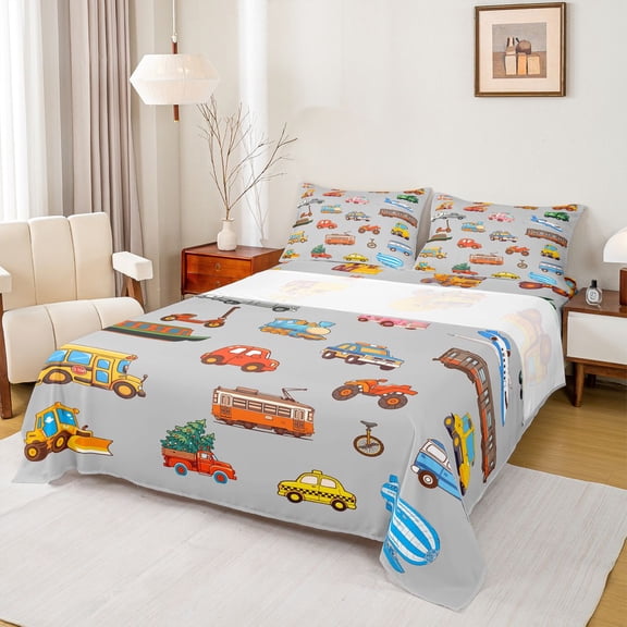 Manfei Teens Colorful Truck Twin Sheet Sets 3pcs,Car Theme Twin Fitted Sheet Microfiber,Transportation Theme Breathable Flat Sheet,Super Cozy Room Decor