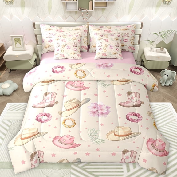 Manfei Teens Cowgirl Cowboy Bedding Comforter Set 7pcs, Cartoon Western Cat Queen Bedding Sets, Kawaii Tribal Stars Print Reversible Queen Sheet Sets, Ultra Soft Bedroom Decor