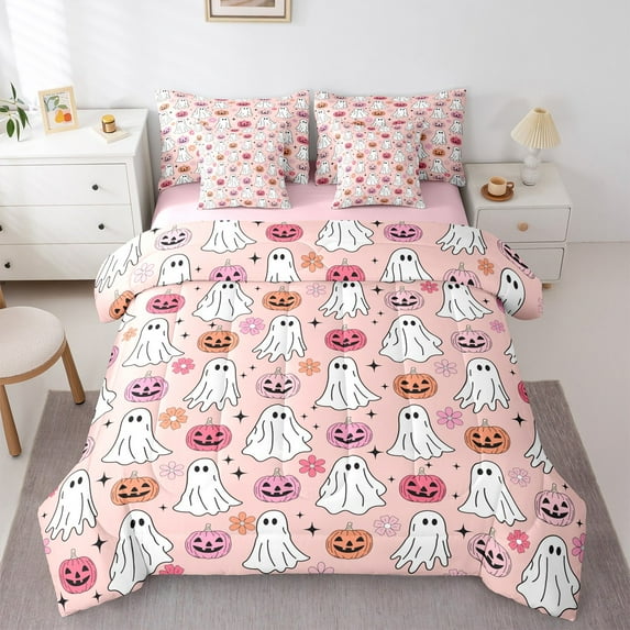 Manfei Teens Cute Ghost Bedding Comforter Set 7pcs, Halloween Funny Pumpkin Queen Bedding Sets, Rustic Cartoon Floral Reversible Queen Sheet Sets, Luxury Bedroom Decor