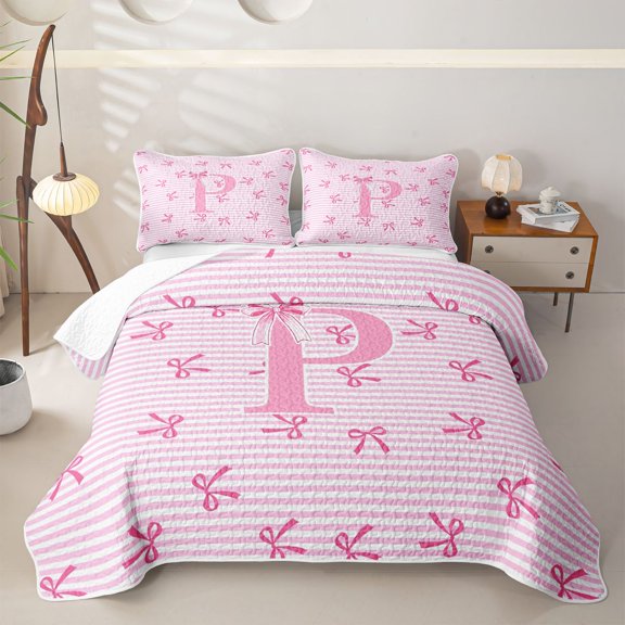 Manfei Teens Cute Pink P Personalized Initial Bed Spread Queen,Girls Kawaii Stripes Bowtie Queen Coverlet Set