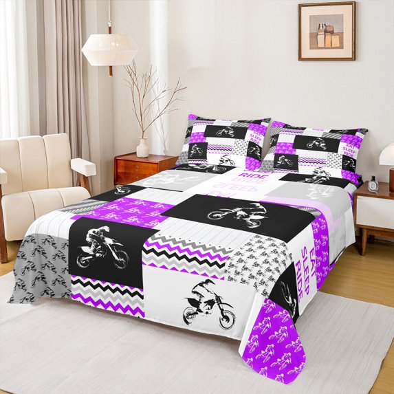 Manfei Teens Dirt Bike Queen Sheet Sets, Motorcycle Extreme Sport Flat Sheet, Purple Patchwork Buffalo Queen Fitted Sheet, Super Cozy Room Decor, 4-Piece