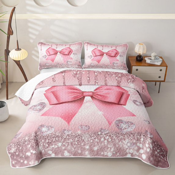 Manfei Teens Dreamy Ribbon Bow Knot Bed Spread Queen,Bling Glitter Print Queen Coverlet Set Girls