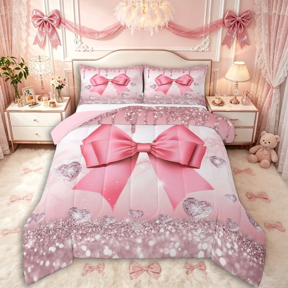 Manfei Teens Dreamy Ribbon Bow Knot Full Size Comforter Sets 3 Pieces,Bling Glitter Print Bedding Sets for Kids Girls,Pink Reversible,Super Cozy Room Decor