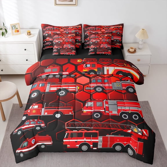 Manfei Teens Engine Truck Bedding Comforter Set 7pcs, Fireman Firefighter Queen Bedding Sets, Black Red Reversible Queen Sheet Sets, Ultra Soft Home Decor