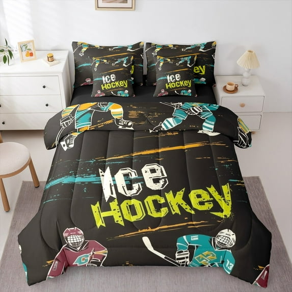 Manfei Teens Est Sleep Bedding Comforter Set 7 Pieces, Cartoon Sports Helmet Full Bedding Set, Ice Hockey Player Reversible Fitted Sheet Flat Sheet, Breathable Home Decor