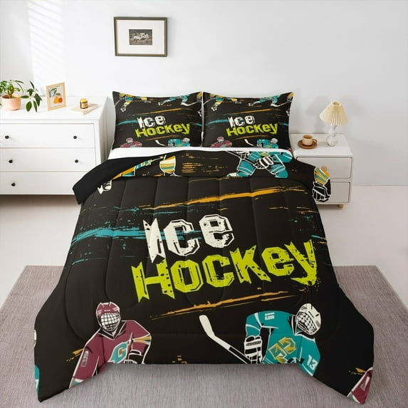 Manfei Teens Est Sleep Queen Comforter Set, Cartoon Sports Helmet Bedding Comforter Set, Ice Hockey Player Reversible Bedding Set, Breathable Home Decor, 3pcs