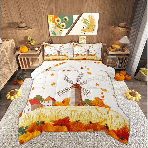 Manfei Teens Fall Farm Bedding Comforter Set, Cartoon Orange Pumpkin Twin Comforter Sets, Autumn Maple Leaf Reversible Bedding Set, Lightweight Room Decor, 2-Piece