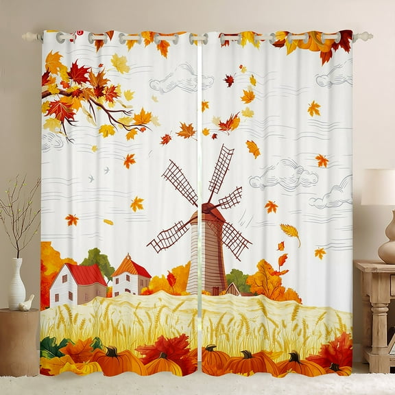 Manfei Teens Fall Farm Black Out Curtains, Cartoon Orange Pumpkin Curtains Pack of 2 (42x63 Each), Autumn Maple Leaf Bedroom Curtains, Curtains Blackout Room Decor