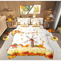 Manfei Teens Fall Farm Twin Bedding Sets 7-Piece, Cartoon Orange Pumpkin Bedding Comforter Set, Autumn Maple Leaf Reversible Sheet Sets, Lightweight Room Decor