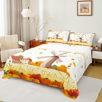 Manfei Teens Fall Farm Twin Sheet Sets, Cartoon Orange Pumpkin Twin Fitted Sheet, Autumn Maple Leaf Flat Sheet, Lightweight Room Decor, 3-Piece