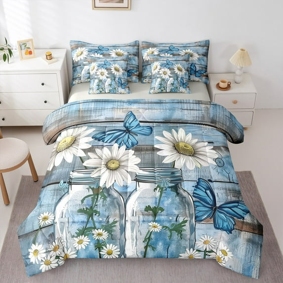 Manfei Teens Farmhouse Floral Twin Bedding Sets 7-Piece, Rustic Daisy Groovy Bedding Comforter Set, Old Barn Door Reversible Sheet Sets, Lightweight Room Decor