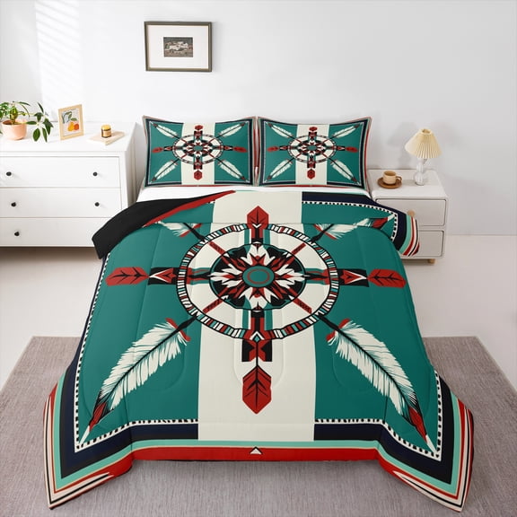 Manfei Teens Female Men Abstract Feather 2pcs Bedding Comforter Set,Bohemian Aztec Twin Comforter Sets,Tribal Theme Breathable Bedding Set,Ultra Soft Home Decor,Reversible