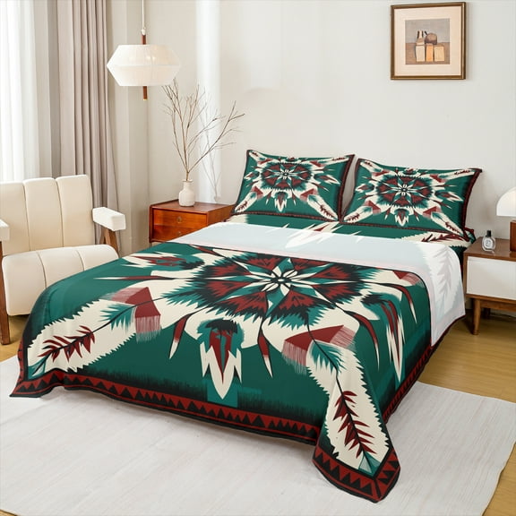 Manfei Teens Female Men Abstract Feather 3pcs Twin Sheet Sets,Bohemian Aztec Twin Fitted Sheet,Tribal Theme Breathable Flat Sheet,Ultra Soft Home Decor