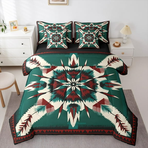 Manfei Teens Female Men Abstract Feather 7-Piece Bedding Comforter Set,Bohemian Aztec King Bedding Sets,Tribal Theme Ultra Soft Bed Sheets,Ultra Soft Home Decor,Reversible