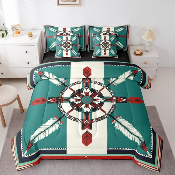Manfei Teens Female Men Abstract Feather 7pcs Bedding Comforter Set,Bohemian Aztec Queen Bedding Sets Super Cozy,Tribal Theme Queen Sheet Sets,Ultra Soft Home Decor,Reversible