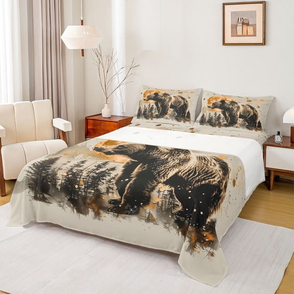 Manfei Teens Female Men Safari Bear 4 Pieces Queen Sheet Sets,Woodland Wildlife Ultra Soft Flat Sheet,Jungle Animal Queen Fitted Sheet,Microfiber Bedroom Decor
