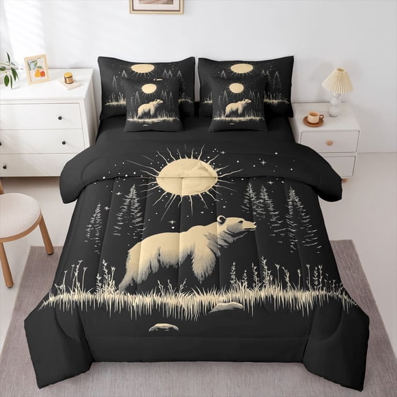 Manfei Teens Female Men Safari Bear Bedding Comforter Set 7-Piece,Woodland Wildlife King Bedding Sets,Jungle Animal Ultra Soft Bed Sheets,Microfiber Bedroom Decor,Reversible