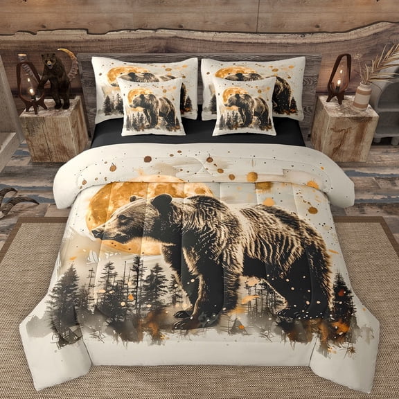 Manfei Teens Female Men Safari Bear Twin Bedding Sets 7-Piece,Woodland Wildlife Bedding Comforter Set Microfiber,Jungle Animal Breathable Sheet Sets,Microfiber Bedroom Decor,Reversible