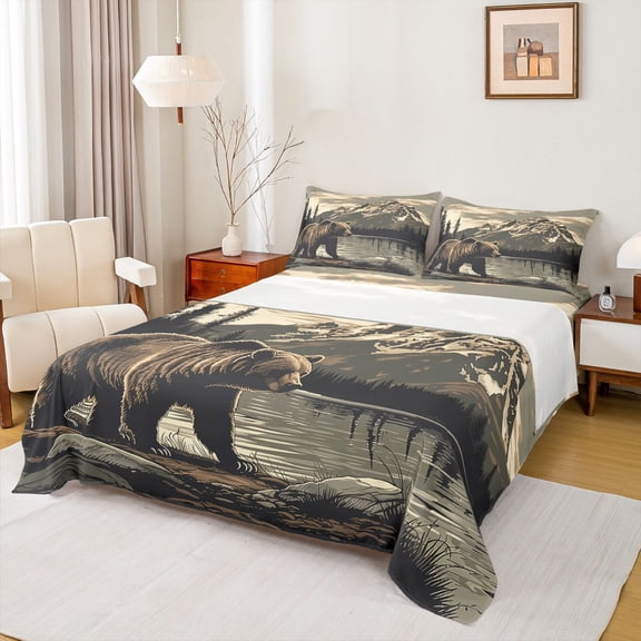 Manfei Teens Female Men Safari Bear Twin Sheet Sets 3pcs,Woodland Wildlife Twin Fitted Sheet Microfiber,Jungle Animal Breathable Flat Sheet,Microfiber Bedroom Decor