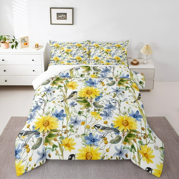 Manfei Teens Floral Daisy 3 Pieces Queen Comforter Set,Animal Brid Ultra Soft Bedding Sets,Chic Flower Bedding Comforter Set,Ultra Soft Home Decor