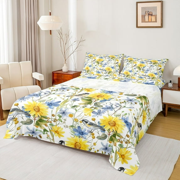 Manfei Teens Floral Daisy 4-Piece Full Size Sheets,Animal Brid Bed Sheets,Chic Flower Lightweight Sheet Sets,Ultra Soft Home Decor