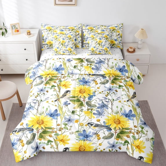 Manfei Teens Floral Daisy 7pcs Bedding Comforter Set,Animal Brid Queen Bedding Sets Super Cozy,Chic Flower Queen Sheet Sets,Ultra Soft Home Decor