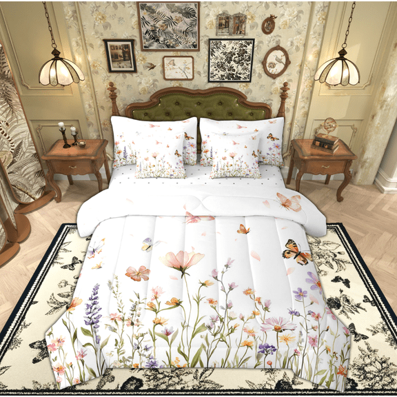 Manfei Teens Flower Floral Bedding Comforter Set 7pcs, Farmhouse Plant Botanical Queen Bedding Sets, Vintage French Style Reversible Queen Sheet Sets, Breathable Home Decor