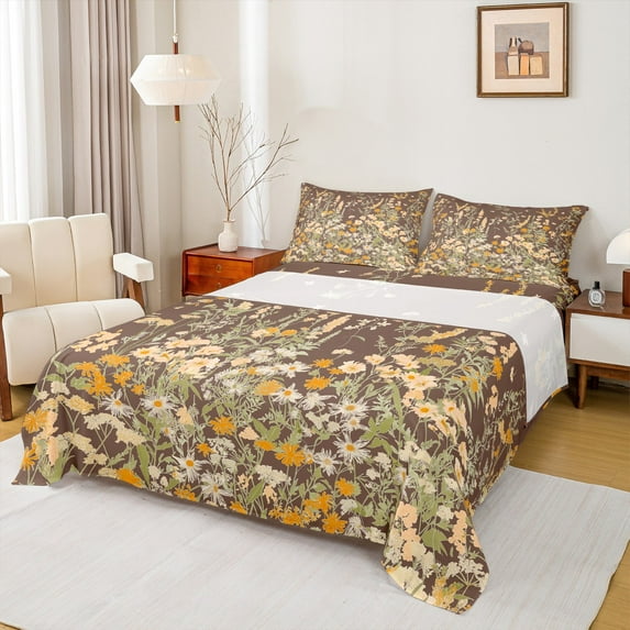 Manfei Teens Flower Floral Full Size Sheets, Farmhouse Plant Botanical Bed Sheets, Vintage Fashion Style Sheet Sets, Super Cozy Room Decor, 4 Pieces