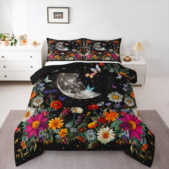 Manfei Teens Flying Butterflies Bedding Comforter Set 2pcs,Chic Floral Flower Twin Comforter Sets Microfiber,Starry Sky Moon Breathable Bedding Set,Lightweight Room Decor,Reversible