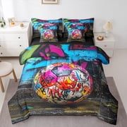 Manfei Teens Football 7-Piece Bedding Comforter Set,Soccer Sport King Bedding Sets,Rainbow Graffiti Hippie Bed Sheets For Boys,Luxury Bedroom Decor Reversible