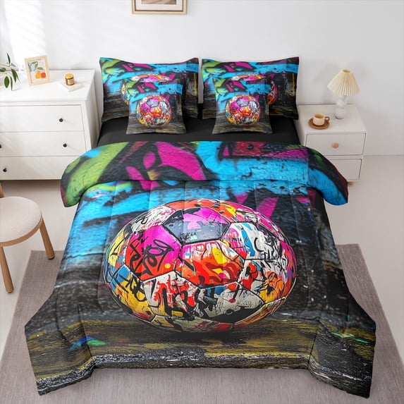 Manfei Teens Football 7-Piece Twin Bedding Sets,Soccer Sport Bedding Comforter Set,Rainbow Graffiti Hippie Sheet Sets For Boys,Luxury Bedroom Decor Reversible