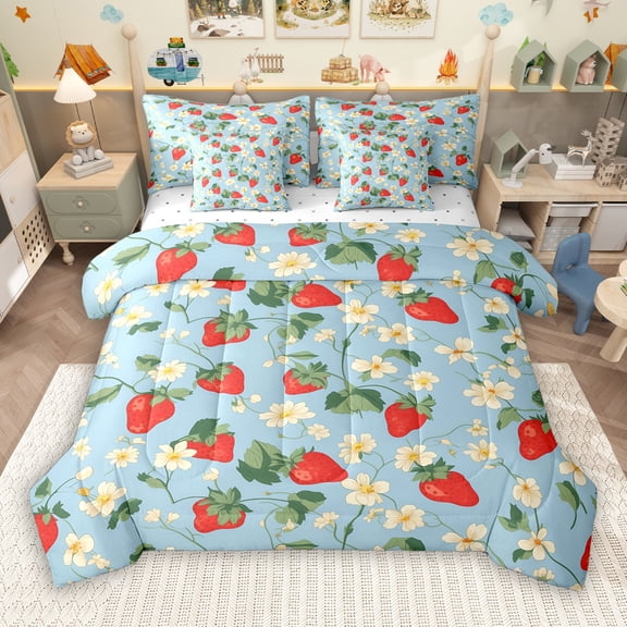 Manfei Teens Fruit Strawberry 7-Piece Bedding Comforter Set, Blue Cartoon King Bedding Sets, Tropic Flower Plant Reversible Bed Sheets, Microfiber Bedroom Decor